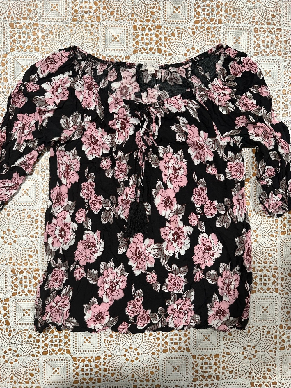 Liley & Chloe Floral Peasant Blouse Tassel Tie Boho Top Medium